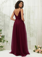 NZ Bridal Burgundy V Neck Adjustable Straps Flowy Tulle Maxi bridesmaid dresses R1029 Alma b