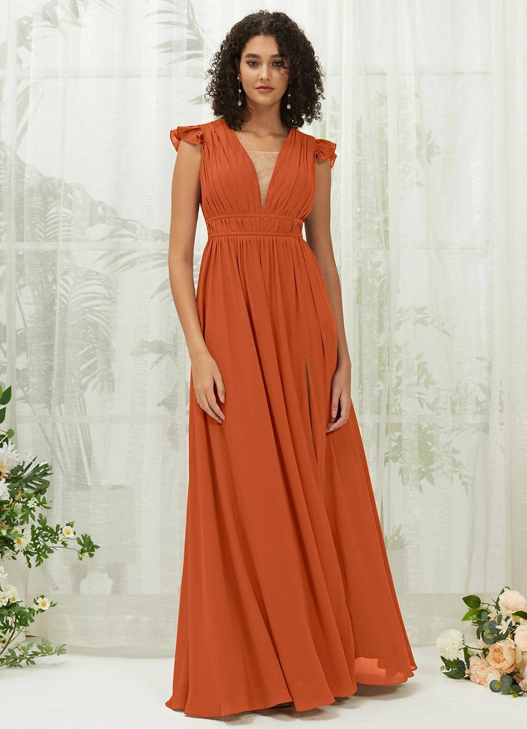 NZ Bridal Burnt Orange Cap Sleeves Chiffon bridesmaid dresses R0410 Collins a