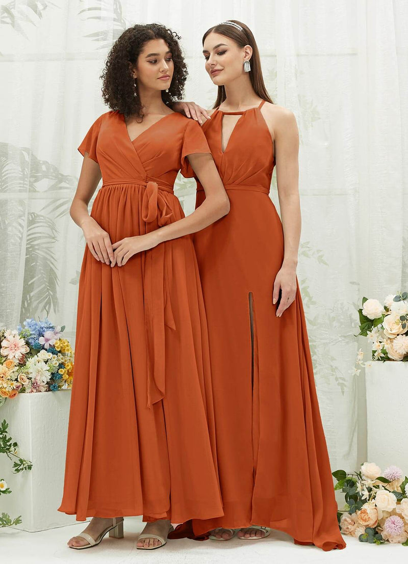 Burnt Orange Chiffon Halter V-Neck Slit Backless Maxi Bridesmaid Dress NZ Bridal Burnt Orange Chiffon Halter V-Neck Slit Backless Maxi Bridesmaid Dress NZ Bridal