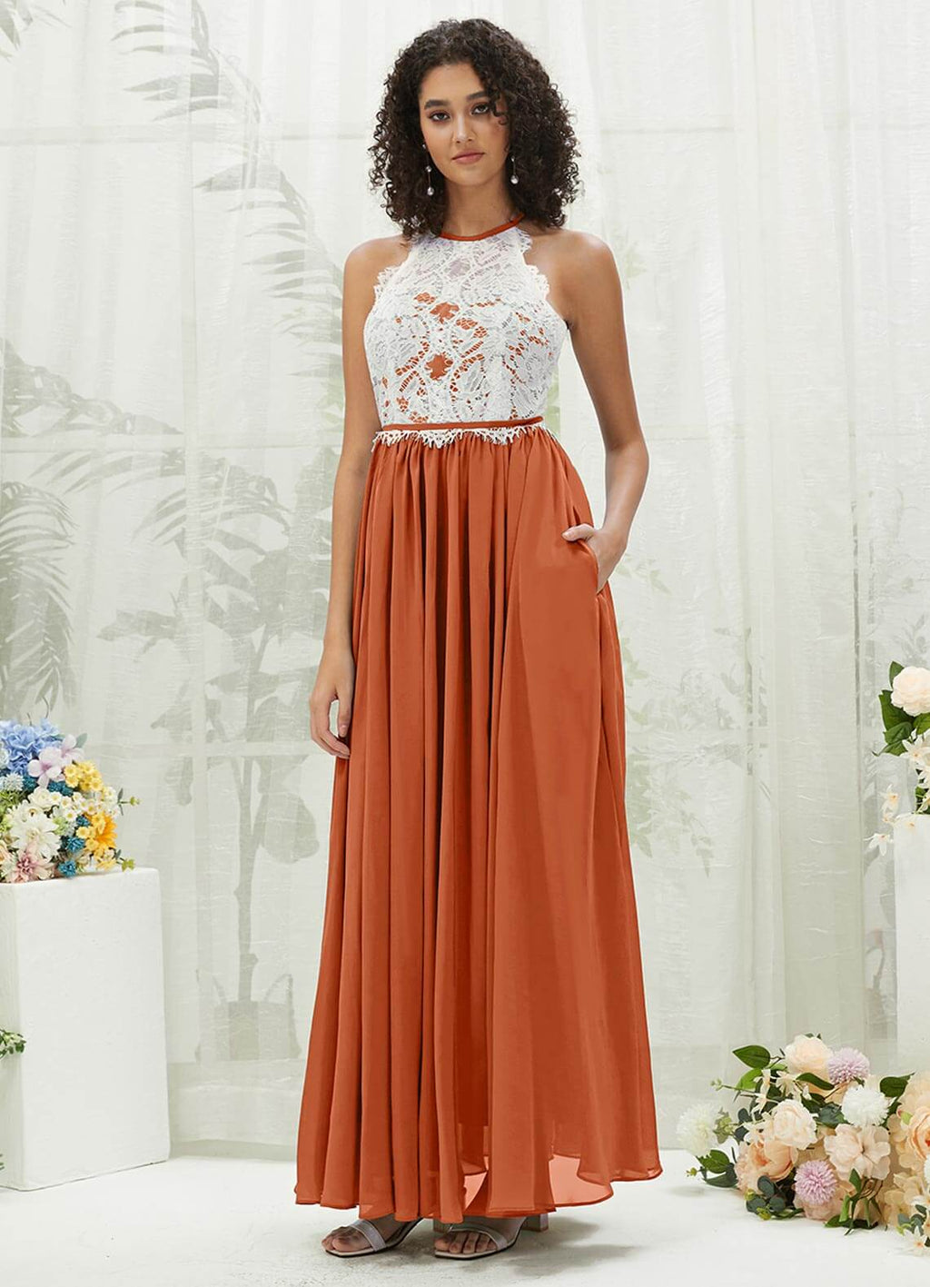 NZ Bridal Burnt Orange Lace Chiffon Flowy bridesmaid dresses TC0426 Heidi a