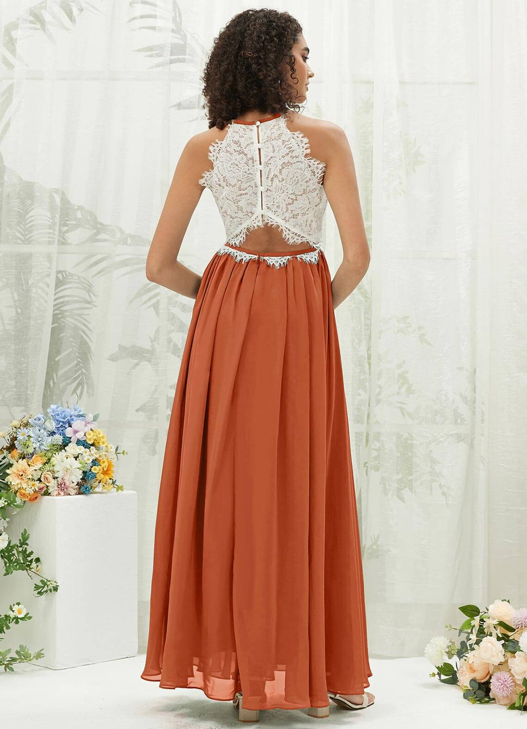 NZ Bridal Burnt Orange Lace Chiffon Flowy bridesmaid dresses TC0426 Heidi a