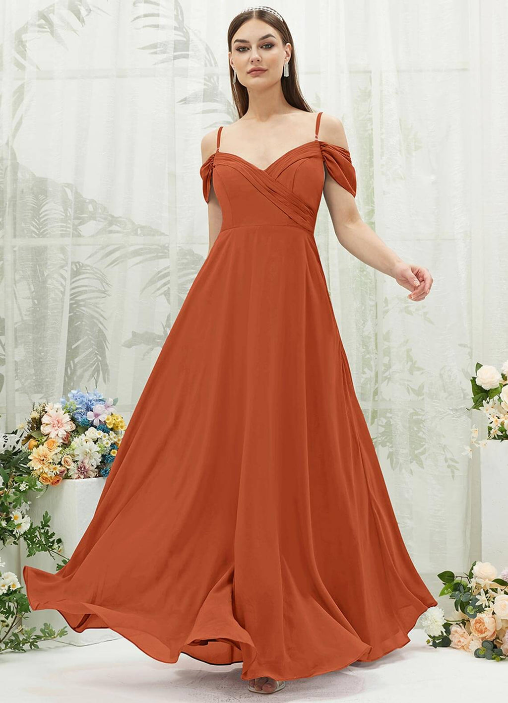 NZ Bridal Burnt Orange Off Shoulder Chiffon bridesmaid dresses BG30217 Spence a
