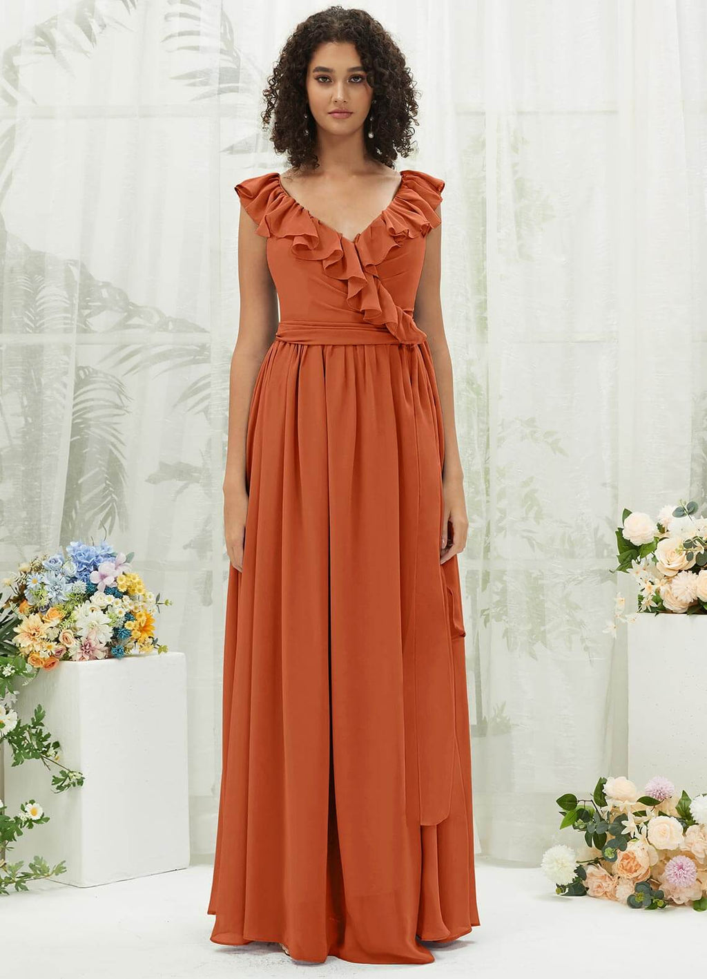 NZ Bridal Burnt Orange Ruffle Straps Chiffon bridesmaid dresses R3702 Valerie a