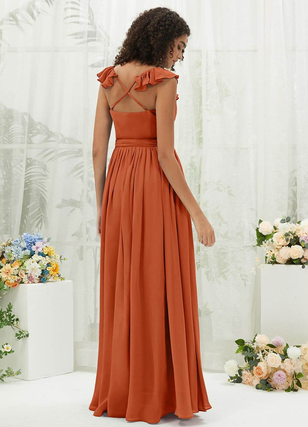 NZ Bridal Burnt Orange Ruffle Straps Chiffon bridesmaid dresses R3702 Valerie a