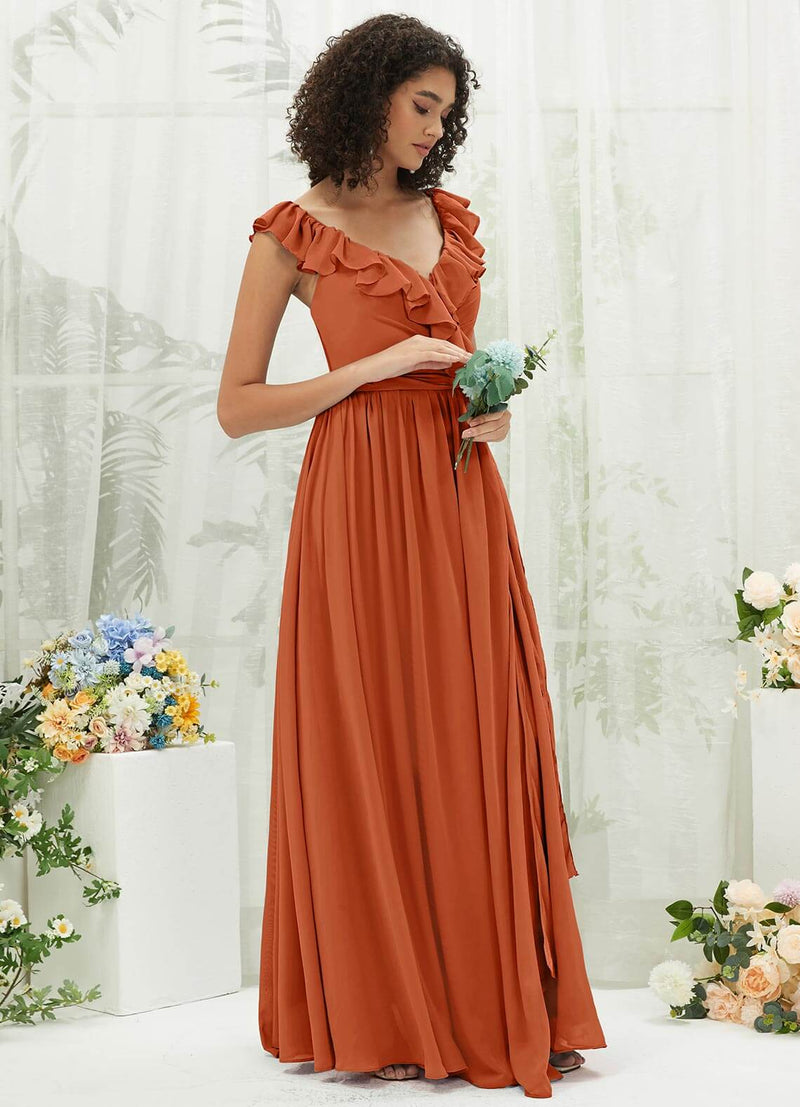 NZ Bridal Burnt Orange Ruffle Straps Chiffon bridesmaid dresses R3702 Valerie c