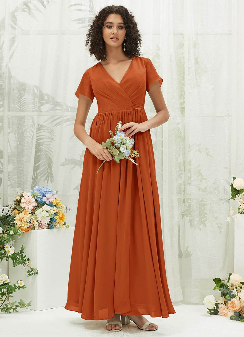 Burnt Orange Chiffon Short Sleeve V-Neck Wrap Pleated Bridesmaid Dress NZ Bridal Burnt Orange Chiffon Short Sleeve V-Neck Wrap Pleated Bridesmaid Dress NZ Bridal