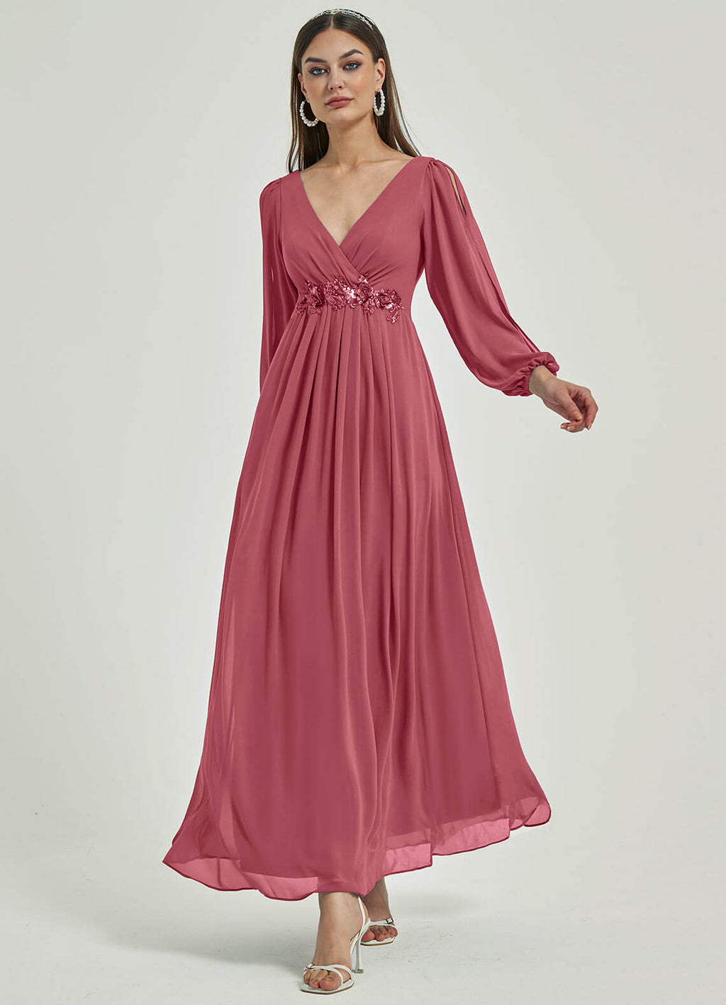 NZ Bridal Canyon Rose Long Slit Sleeve Chiffon Maxi bridesmaid dresses 00461ep Liv a