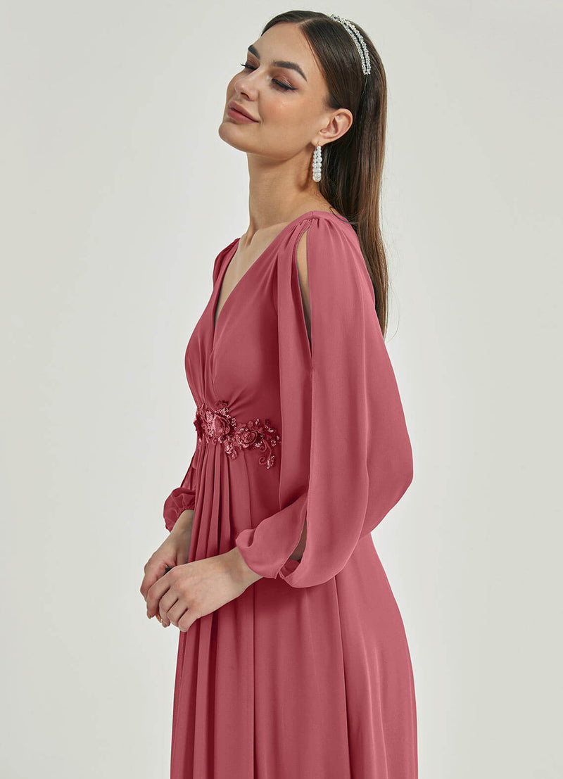 NZ Bridal Canyon Rose Long Slit Sleeve Chiffon Maxi bridesmaid dresses 00461ep Liv d