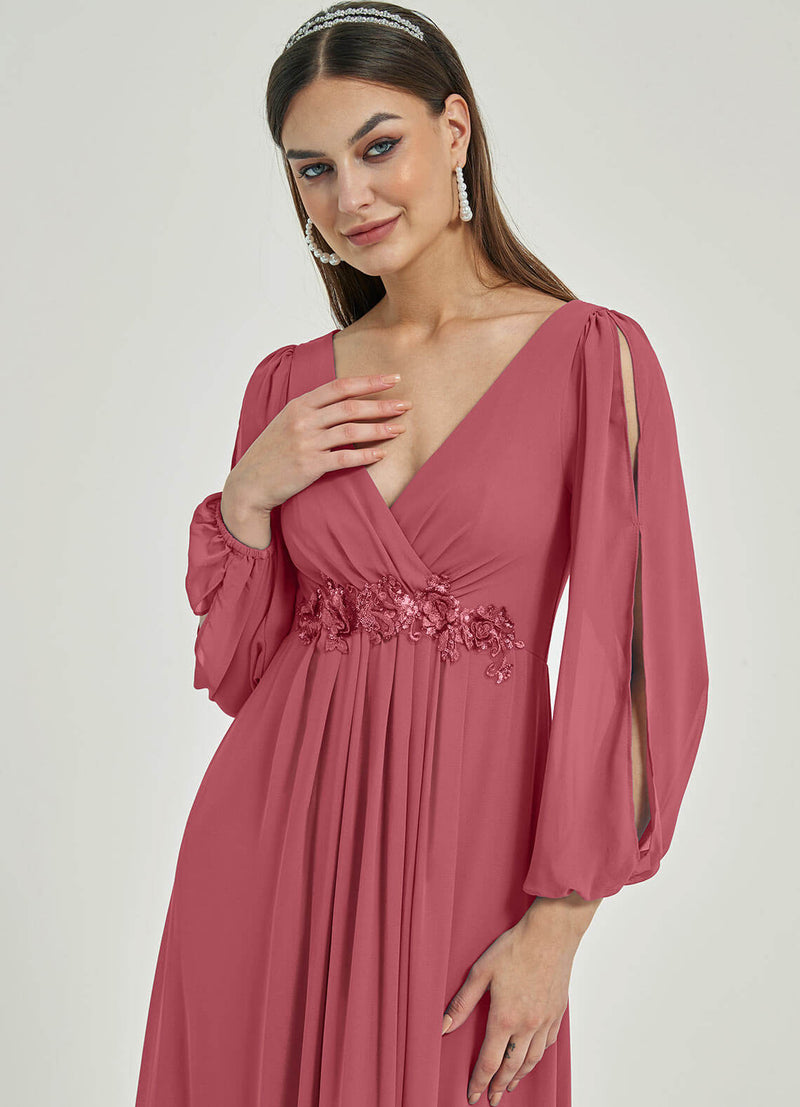 NZ Bridal Canyon Rose Long Slit Sleeve Chiffon Maxi bridesmaid dresses 00461ep Liv detail1
