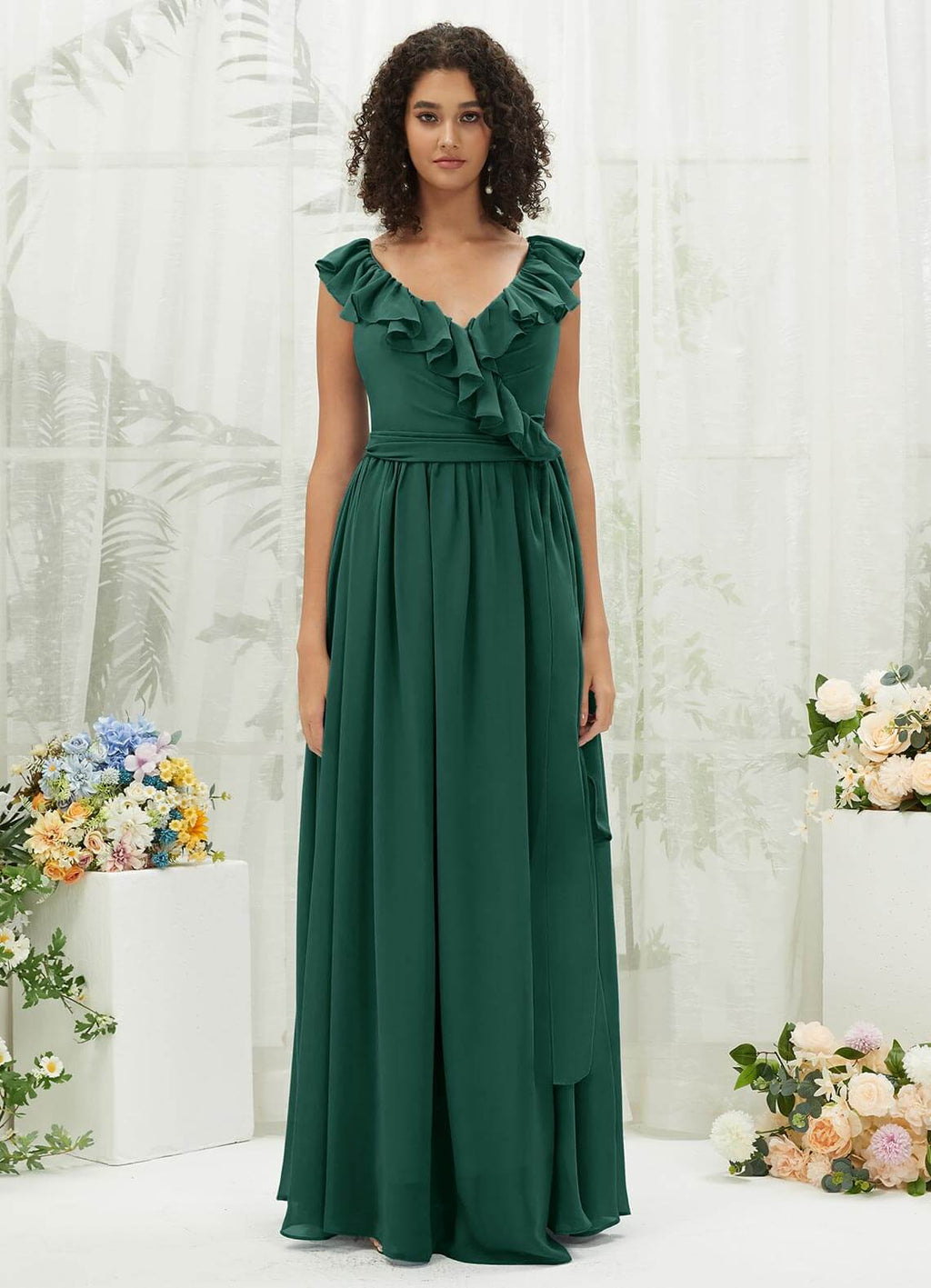 NZ Bridal Cap Sleeves Emerald Green Chiffon bridesmaid dresses R3702 Valerie a