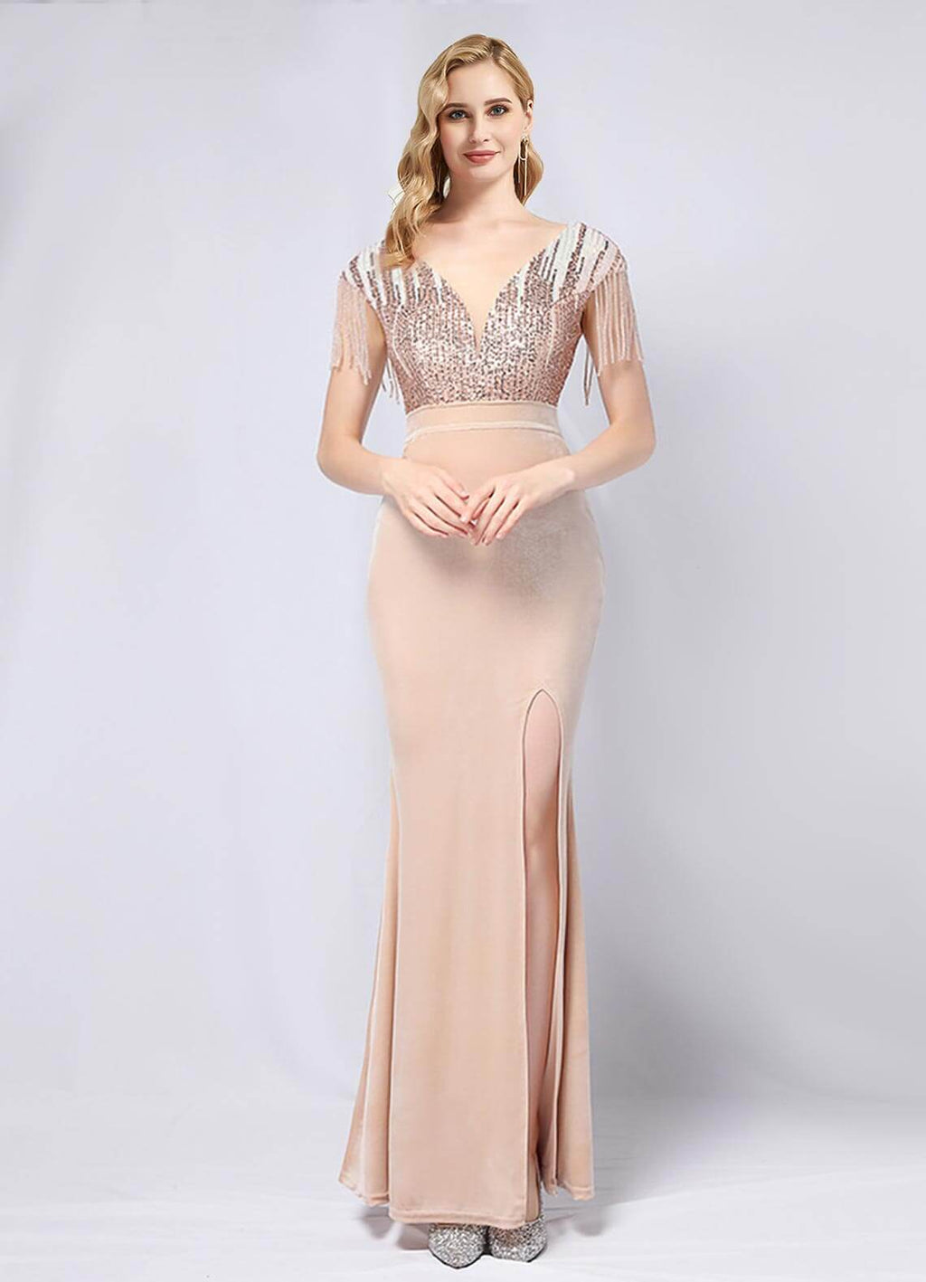 NZ Bridal Champagne Gold Cap Sleeves Sequin Maxi Slit Prom Dress 18630 Gianna a