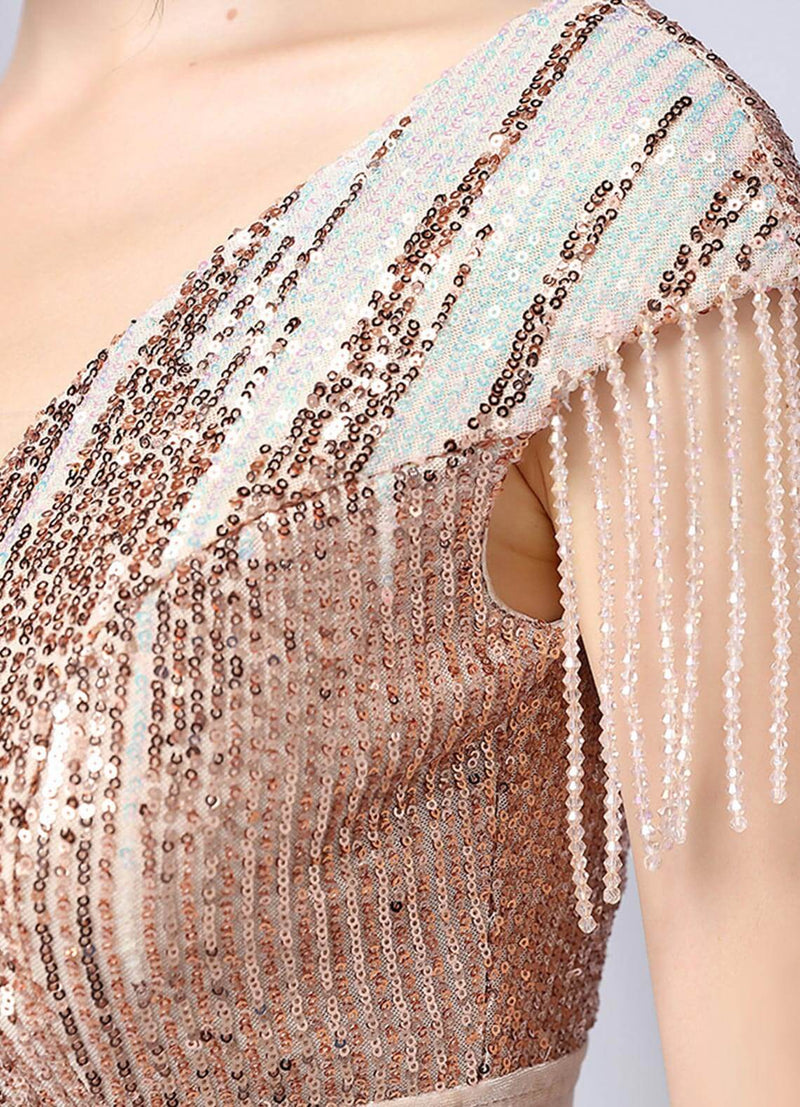 NZ Bridal Champagne Gold Cap Sleeves Sequin Maxi Slit Prom Dress 18630 Gianna detail3