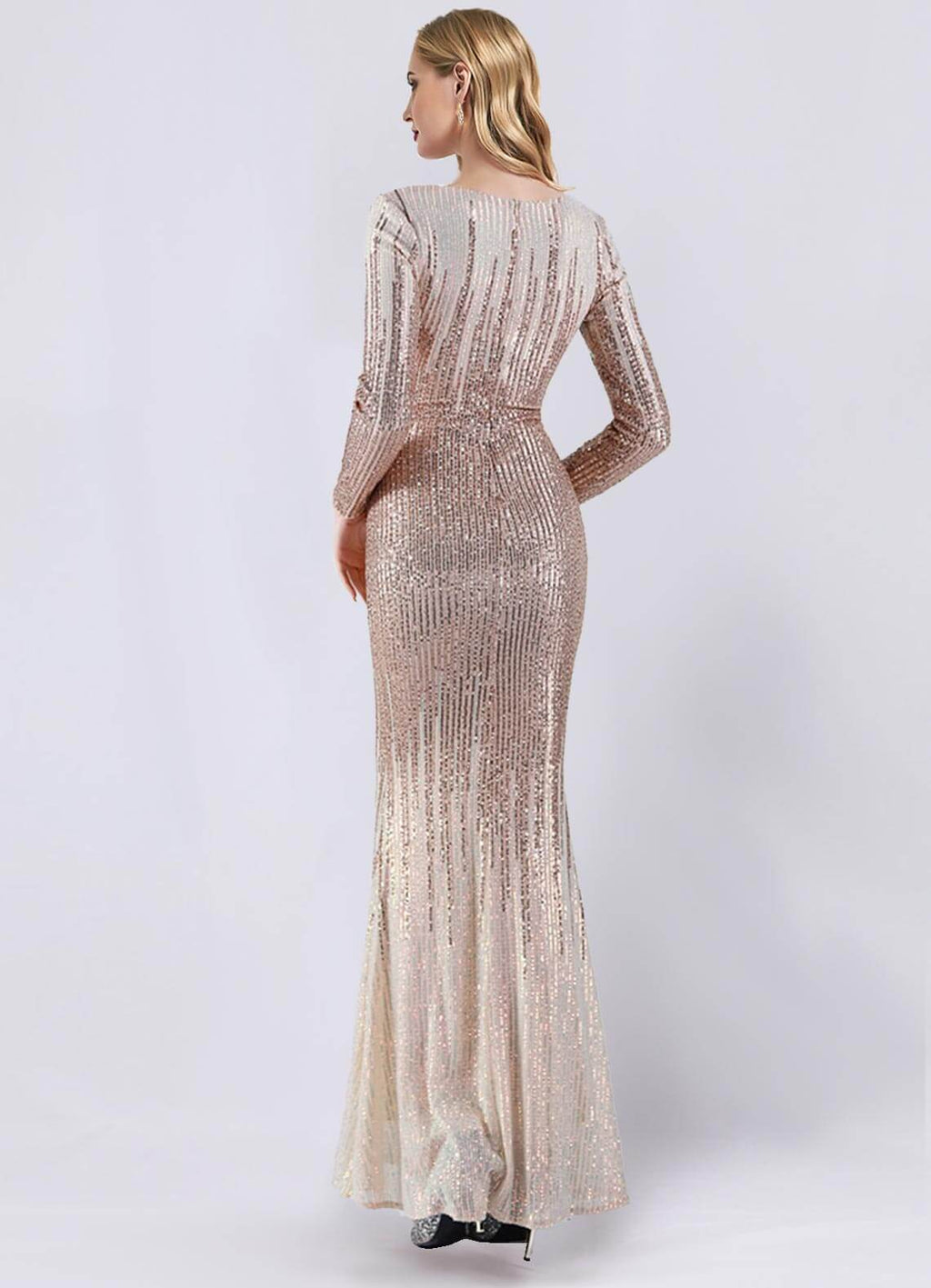 NZ Bridal Champagne Gold Long Sleeves Sequin V Neck Prom Dress 19037 Harper a