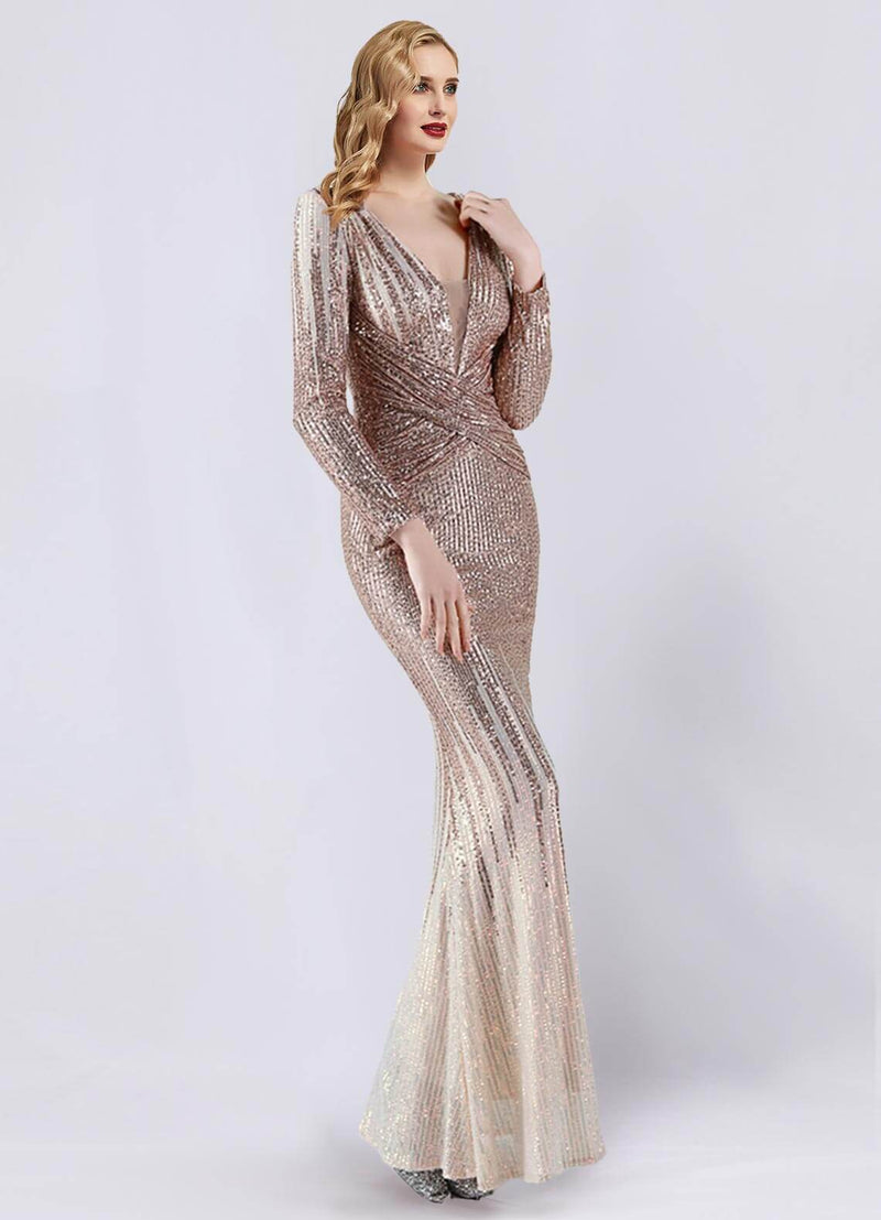 NZ Bridal Champagne Gold Long Sleeves Sequin V Neck Prom Dress 19037 Harper d
