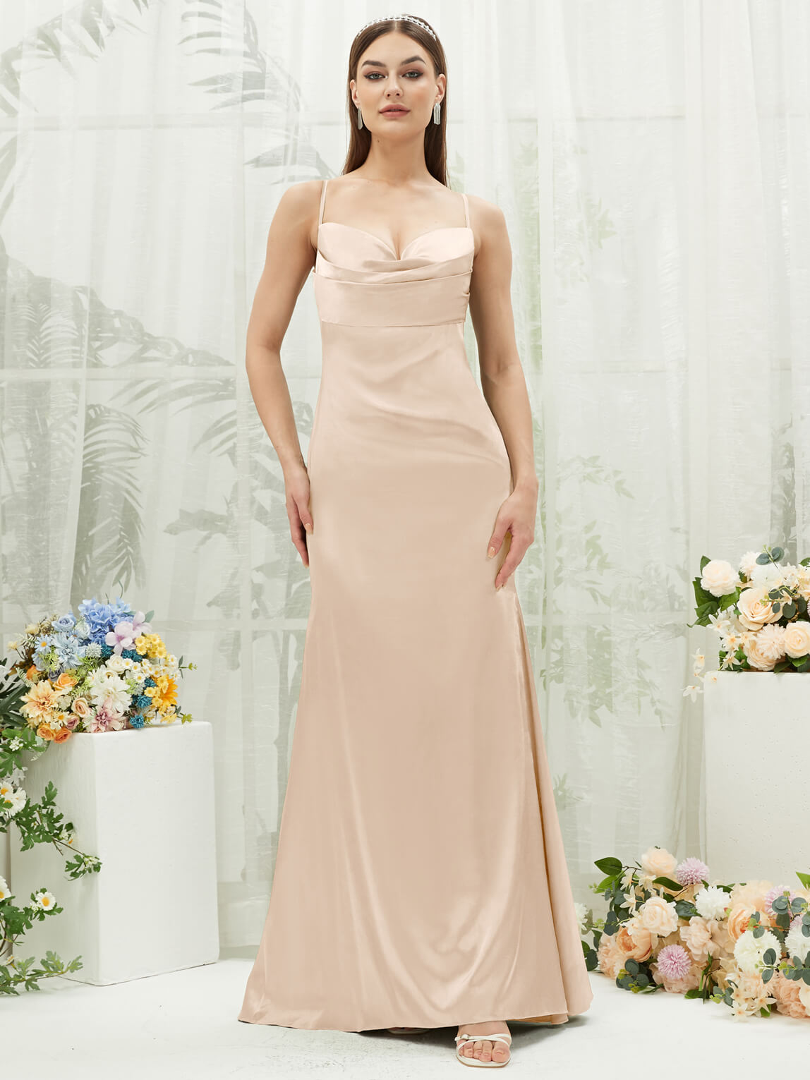 Champagne Satin Cowl Neck Adjustable Straps Backless Long Bridesmaid D