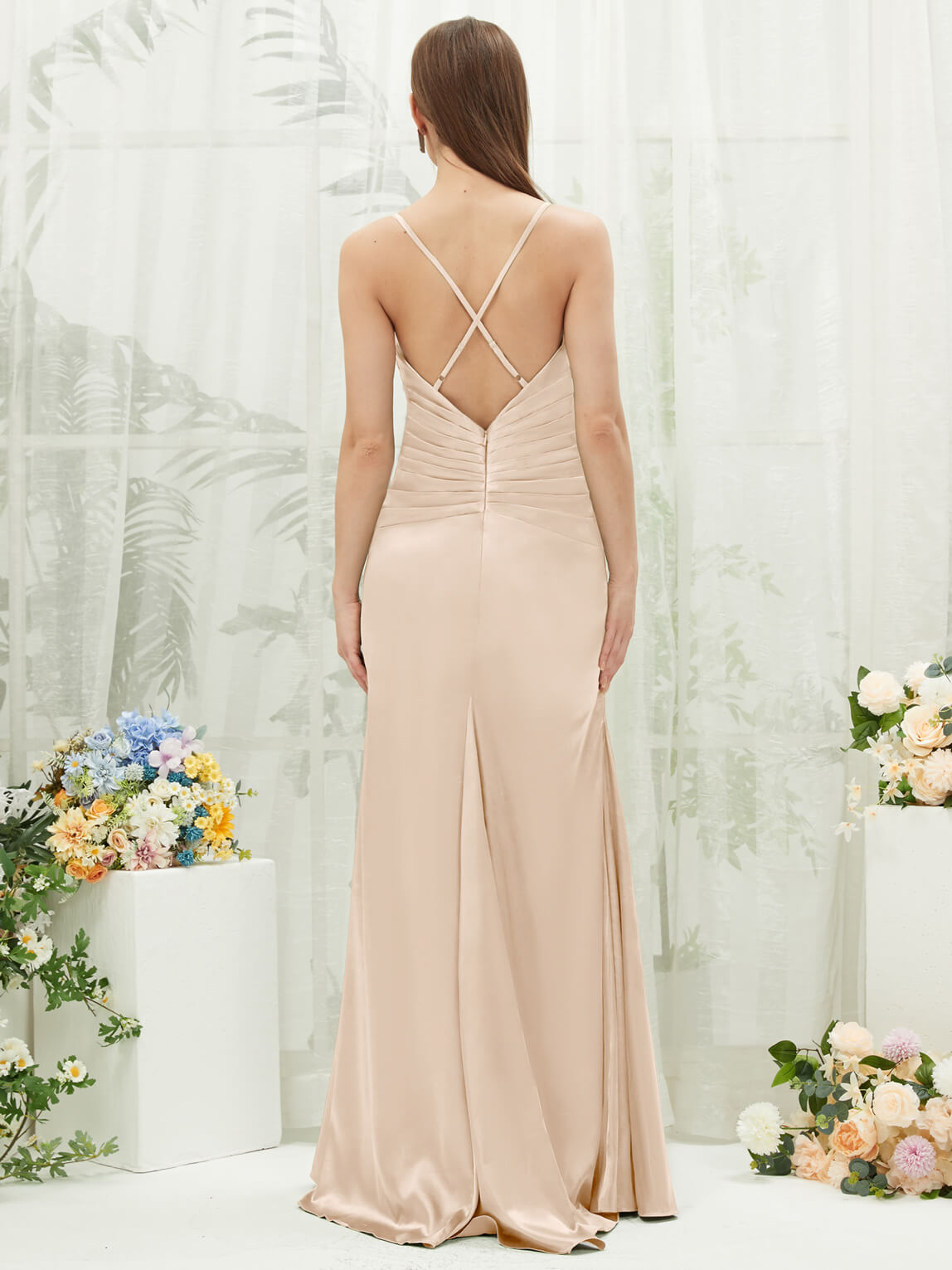 Champagne Satin Cowl Neck Adjustable Straps Backless Long Bridesmaid D