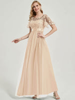 NZ Bridal Champagne Sequin Tulle Short Sleeves Maxi Prom Dress 00904EP MIyuki a
