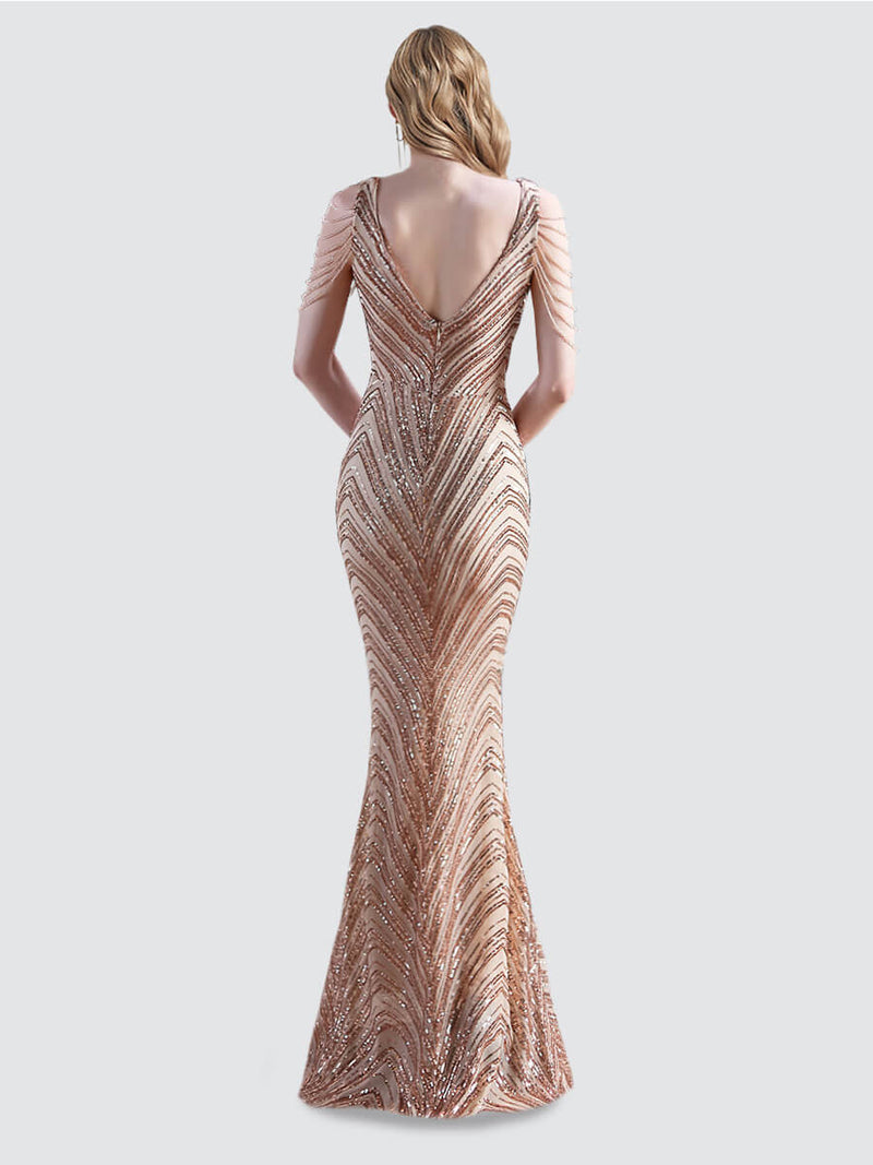 NZ Bridal Champagne Sheer V Neck Floor Length Sequin Prom Dress 18691yey Camilla b