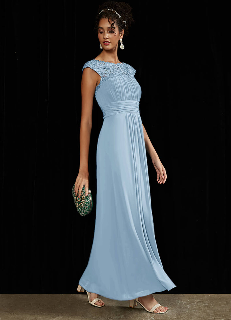 Cornflower Blue Lace Open Back Floor Length Silky Chiffon Formal Eveni NZ Bridal