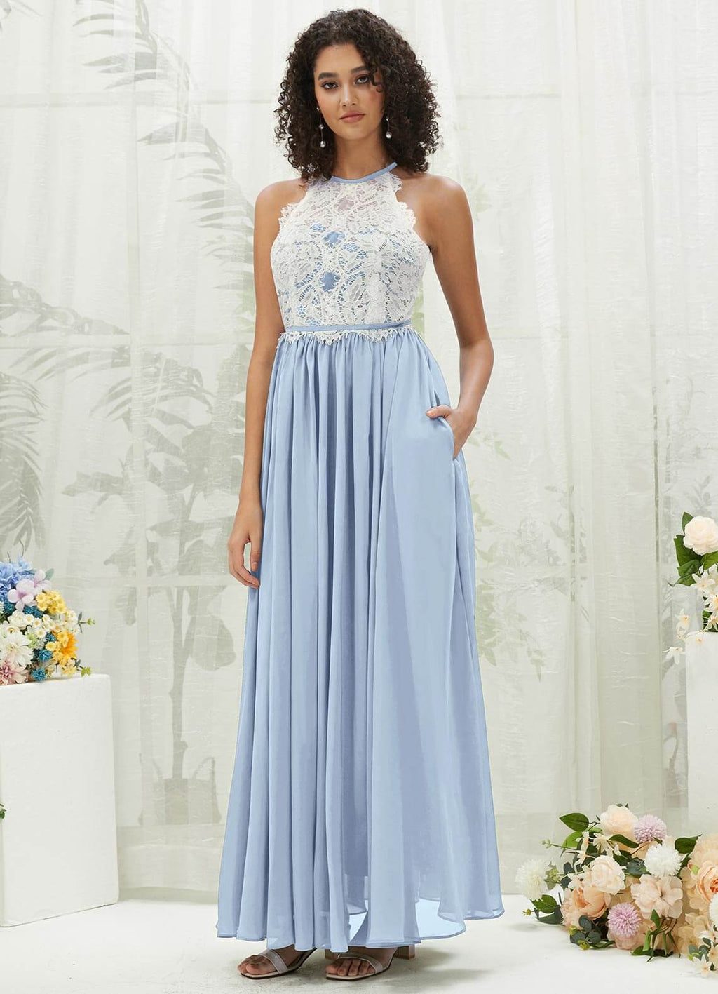 NZ Bridal Cornflower Blue Lace Top Chiffon Bridesmaid Dress TC0426 Heidi a