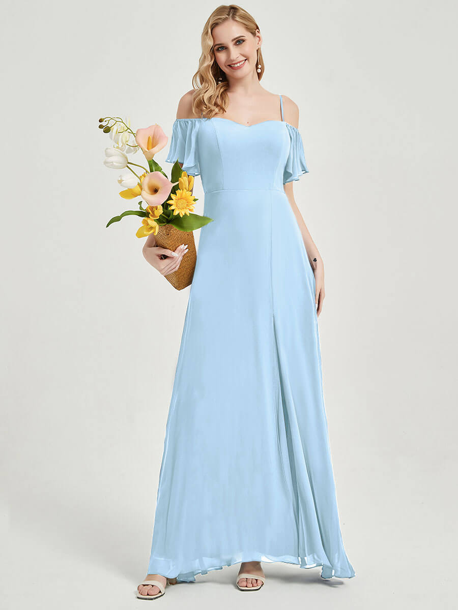 Cornflower Blue Ruffle Sleeves Split Bridesmaid Dress For Bridal Showe