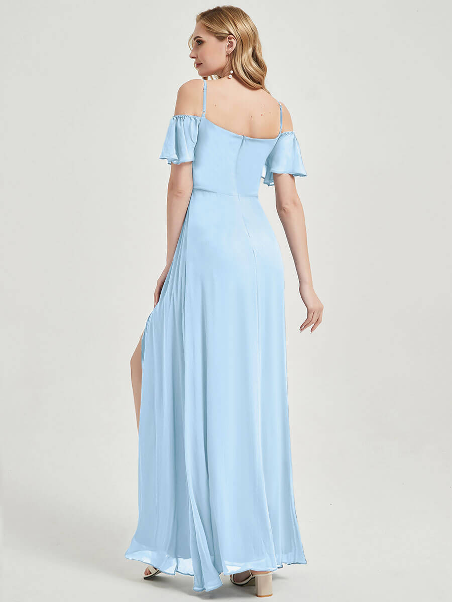 Cornflower Blue Ruffle Sleeves Split Bridesmaid Dress For Bridal Showe