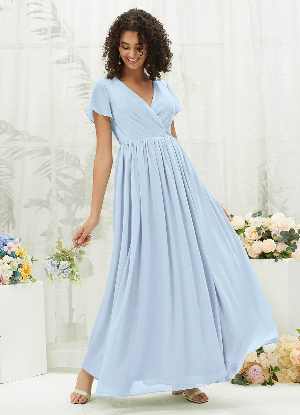 NZ Bridal Cornflower Blue Pleated Chiffon Bridesmaid Dress R0107 Harow a