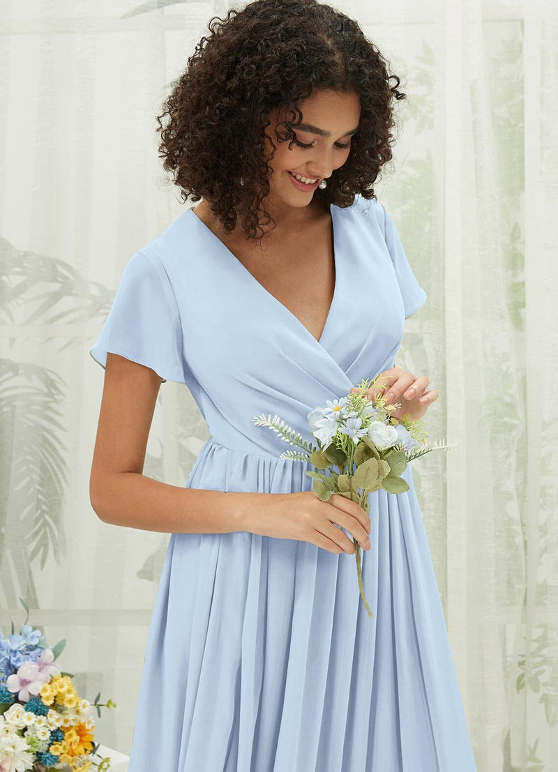 Cornflower Blue Chiffon Short Sleeve V-Neck Wrap Pleated Bridesmaid Dress Cornflower Blue / M / N8-10 Cornflower Blue Chiffon Short Sleeve V-Neck Wrap Pleated Bridesmaid Dress Cornflower Blue / M / N8-10