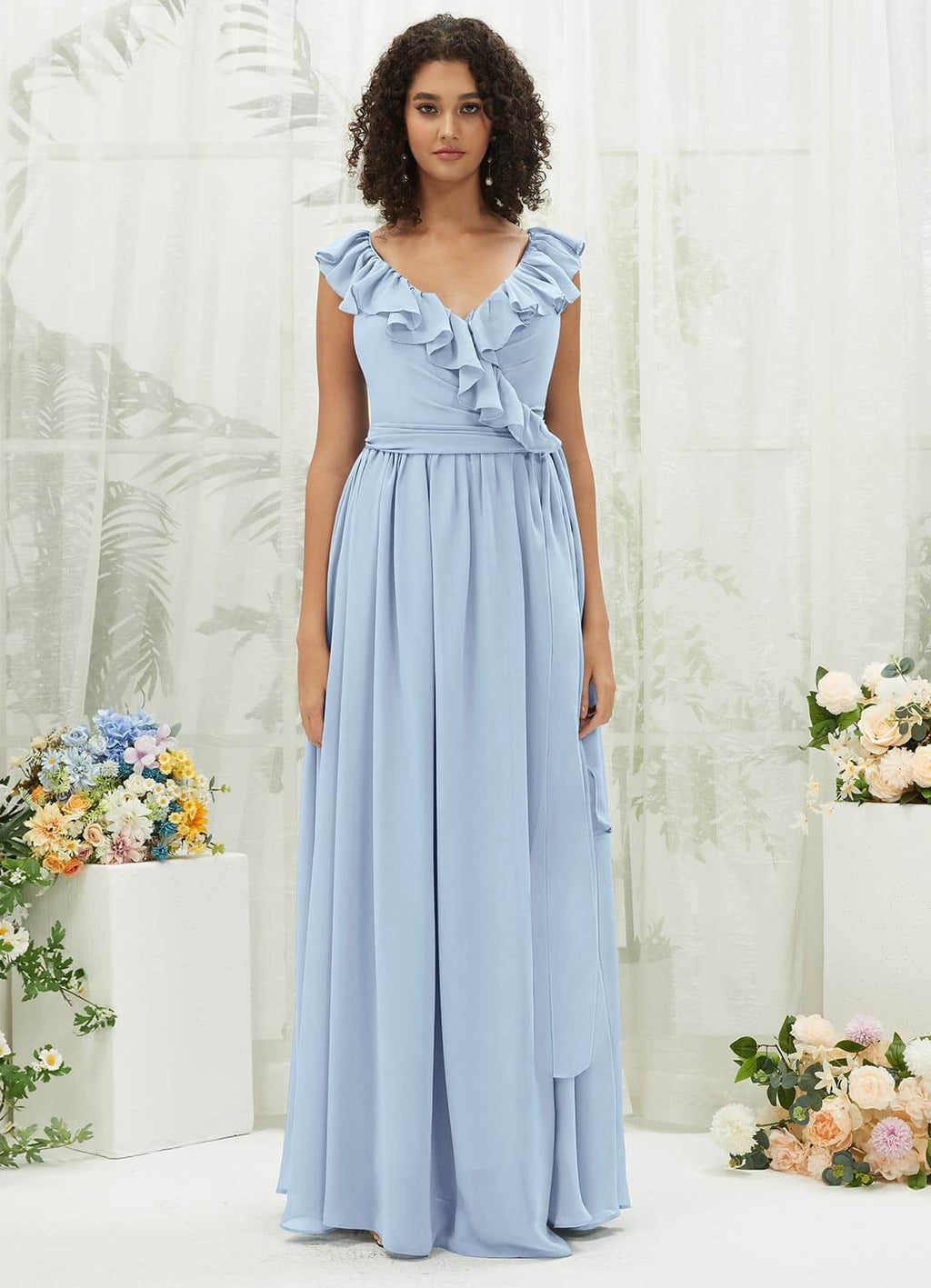  NZ Bridal Cornflower Blue Ruffle V Neck Chiffon Bridesmaid Dress R3702 Valerie a