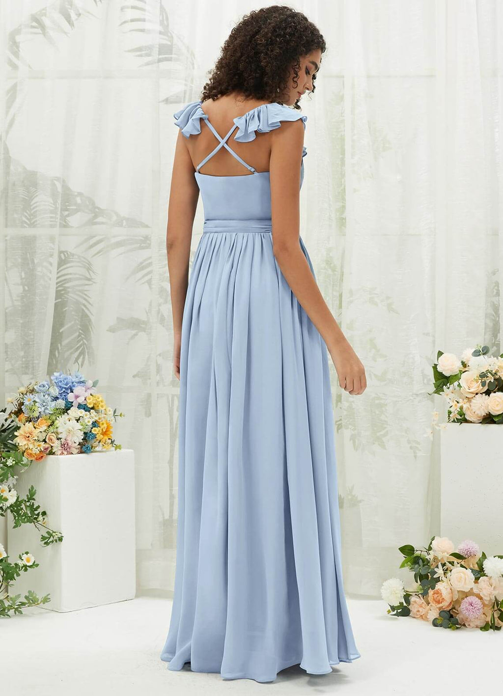 Cornflower Blue Chiffon Ruffle Cross Straps V-Neck Wrap Bridesmaid Dre NZ Bridal Cornflower Blue Chiffon Ruffle Cross Straps V-Neck Wrap Bridesmaid Dre NZ Bridal