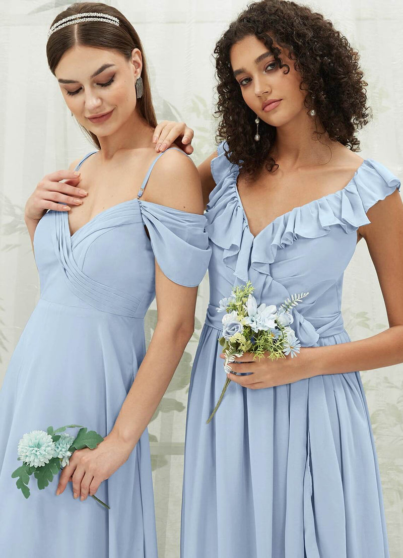  NZ Bridal Cornflower Blue Ruffle V Neck Chiffon Bridesmaid Dress R3702 Valerie g