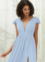 NZ Bridal Cornflower Blue Slit Chiffon Bridesmaid Dress R0410 Collins detail1