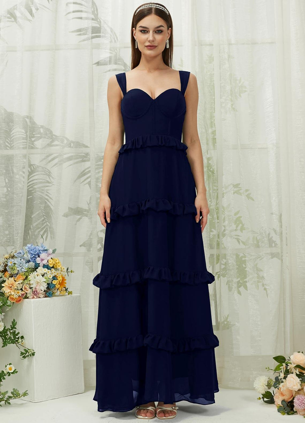 NZ Bridal Dark Navy Chiffon Tiered Maxi bridesmaid dresses R3701 Sloane a