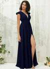 NZ Bridal Dark Navy Pleated V Neck Chiffon bridesmaid dresses R0410 Collins c