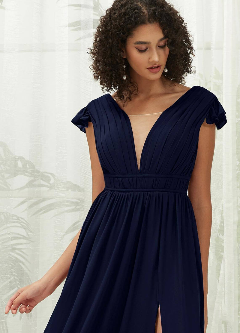 Dark Navy Cap Sleeves Pleated V-Neck Chiffon Maxi Bridesmaid Dress NZ Bridal Dark Navy Cap Sleeves Pleated V-Neck Chiffon Maxi Bridesmaid Dress NZ Bridal