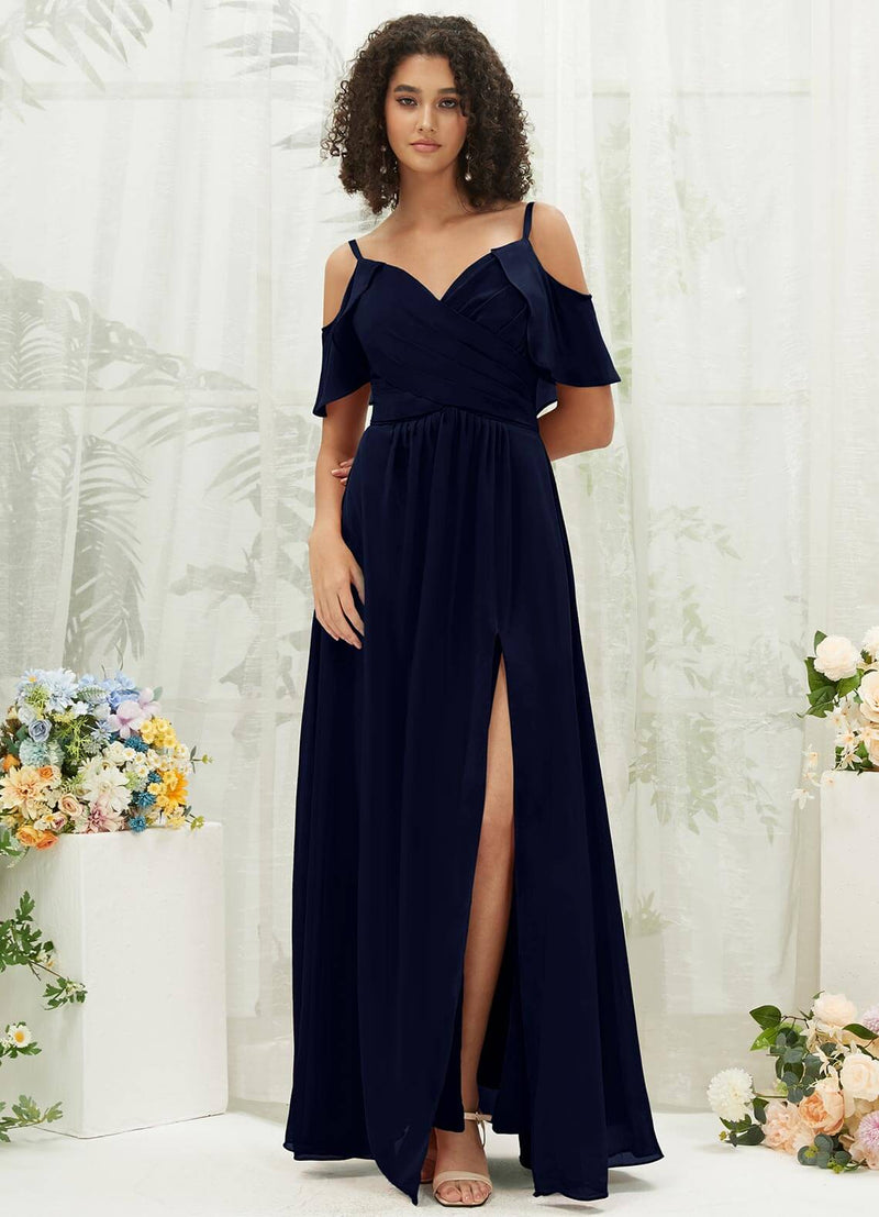 NZ Bridal Dark Navy Ruffle Cold Shoulder Chiffon bridesmaid dresses AM31003 Fiena a