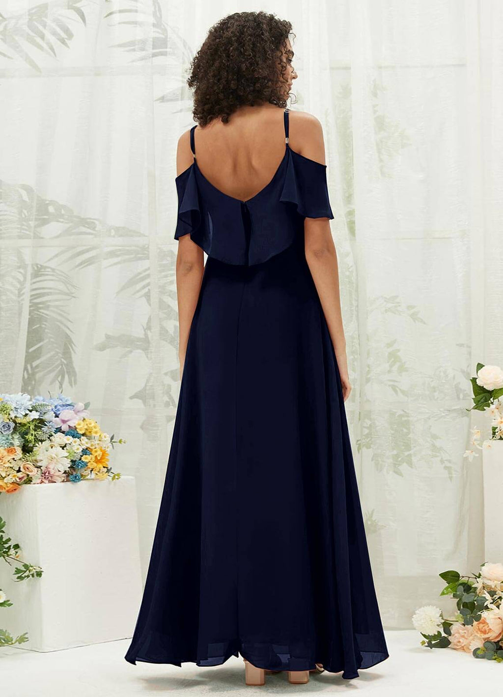 NZ Bridal Dark Navy Ruffle Cold Shoulder Chiffon bridesmaid dresses AM31003 Fiena a