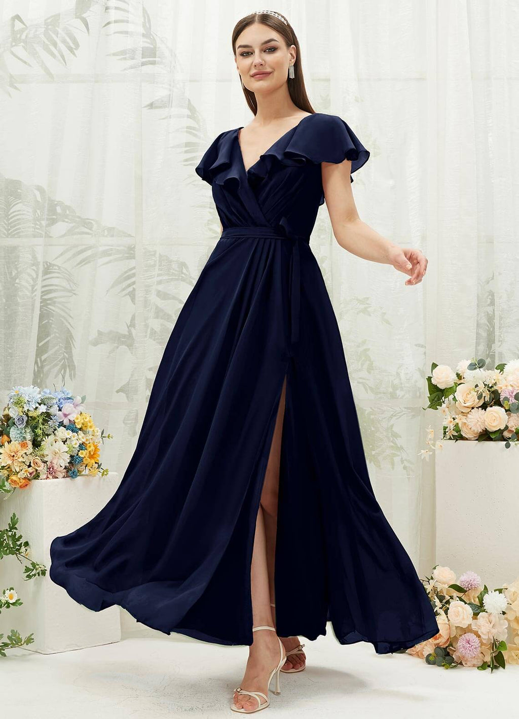 NZ Bridal Dark Navy Ruffle Sleeve Chiffon Wrap bridesmaid dresses AZ31002 Jael a