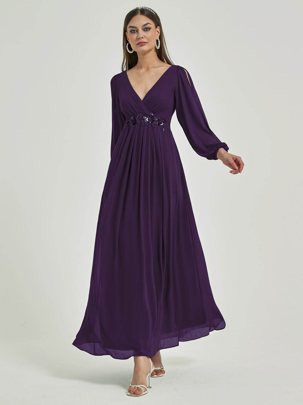 NZ Bridal DarkPurple Long Sleeves Chiffon Maxi bridesmaid dresses 00461ep Liv a