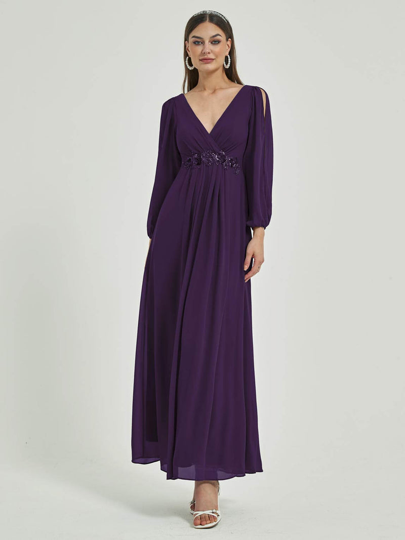 NZ Bridal DarkPurple Long Sleeves Chiffon Maxi bridesmaid dresses 00461ep Liv c