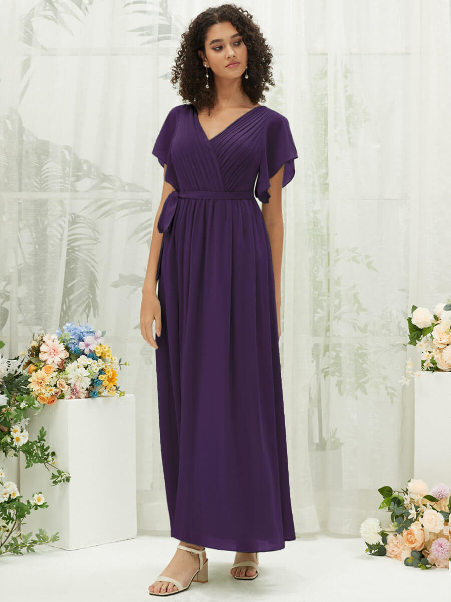 NZ Bridal DarkPurple Short Sleeves Chiffon Maxi bridesmaid dresses 0164aEE Mila a
