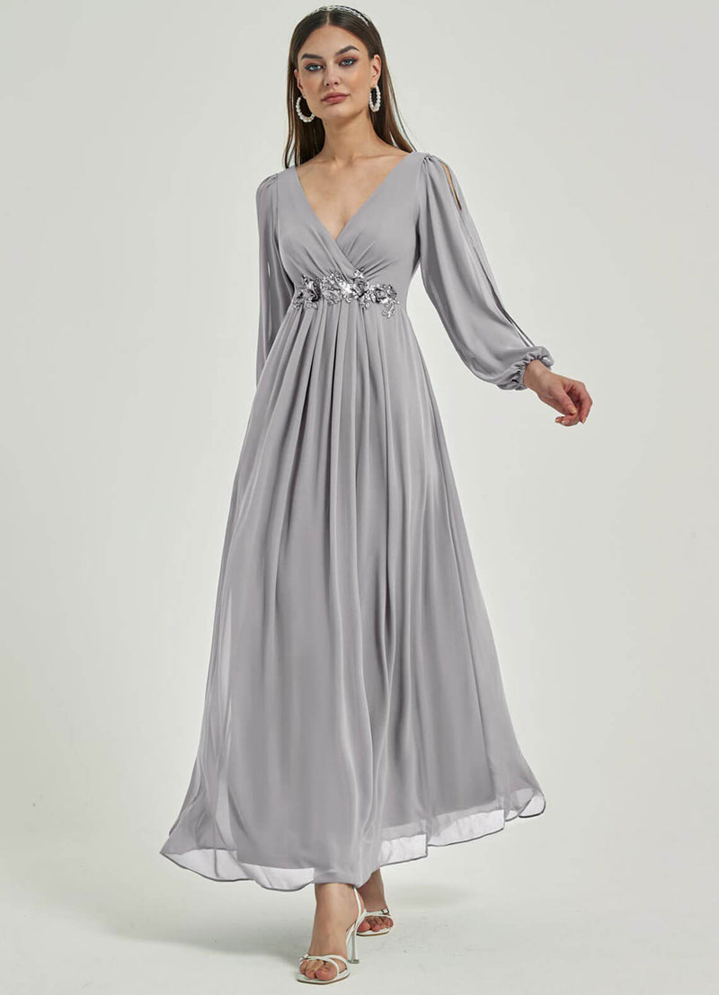 NZ Bridal Dolphin Grey Maxi Chiffon V Neck bridesmaid dresses 00461ep Liv a