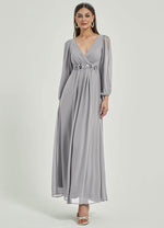 NZ Bridal Dolphin Grey Maxi Chiffon V Neck bridesmaid dresses 00461ep Liv c