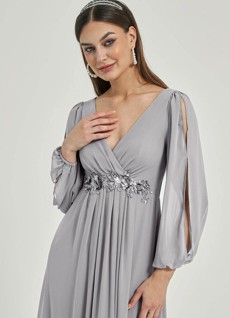 NZ Bridal Dolphin Grey Maxi Chiffon V Neck bridesmaid dresses 00461ep Liv detail1