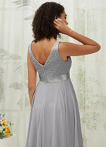 NZ Bridal Dolphin Grey Tea Length Chiffon V Neck bridesmaid dresses 00207ep Evie detail1
