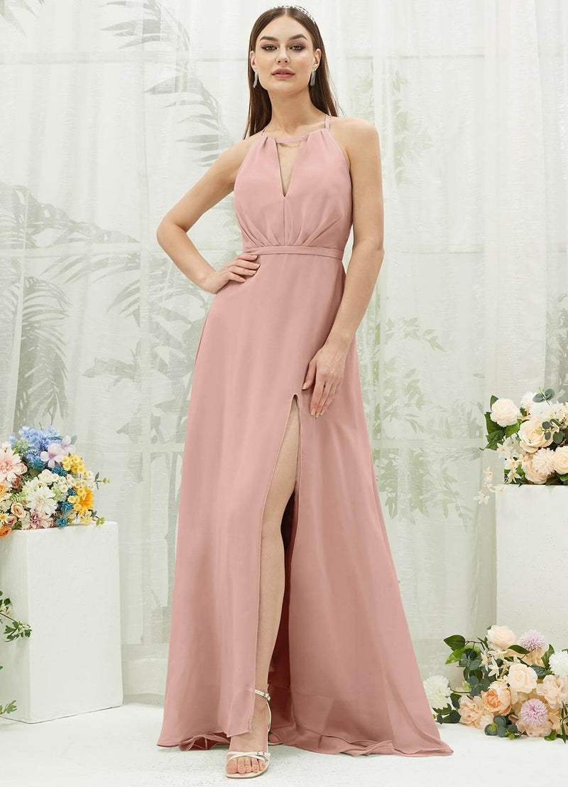 NZ Bridal Dusty Pink Chiffon Flowy bridesmaid dresses with Slit AZ31001 Evalleen a