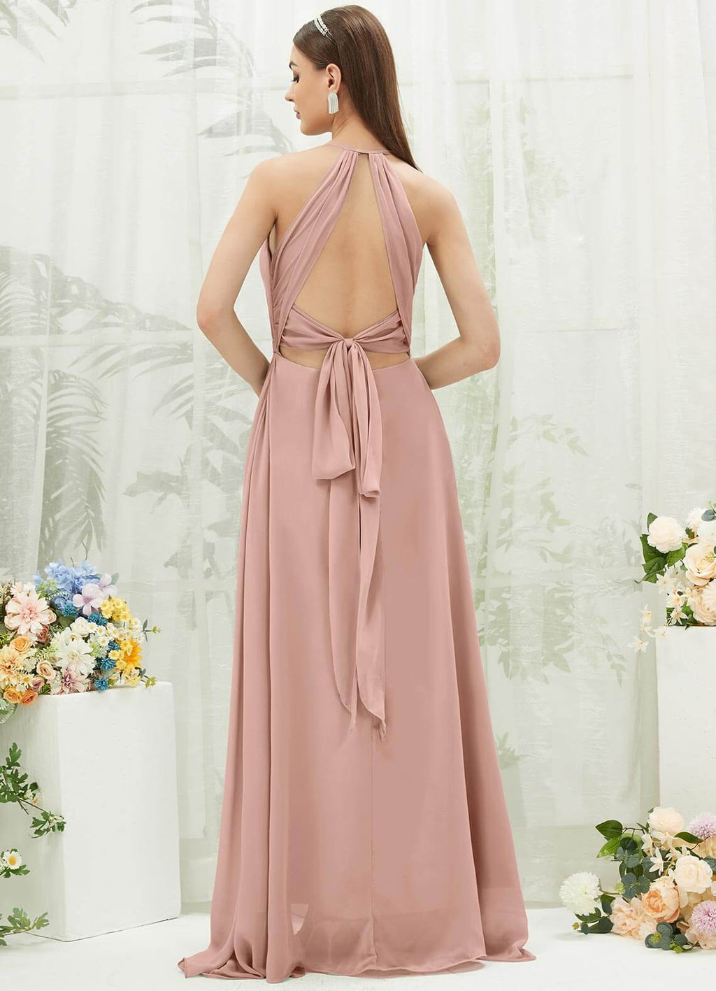 NZ Bridal Dusty Pink Chiffon Flowy bridesmaid dresses with Slit AZ31001 Evalleen a
