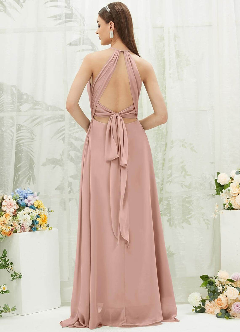 NZ Bridal Dusty Pink Chiffon Flowy bridesmaid dresses with Slit AZ31001 Evalleen b