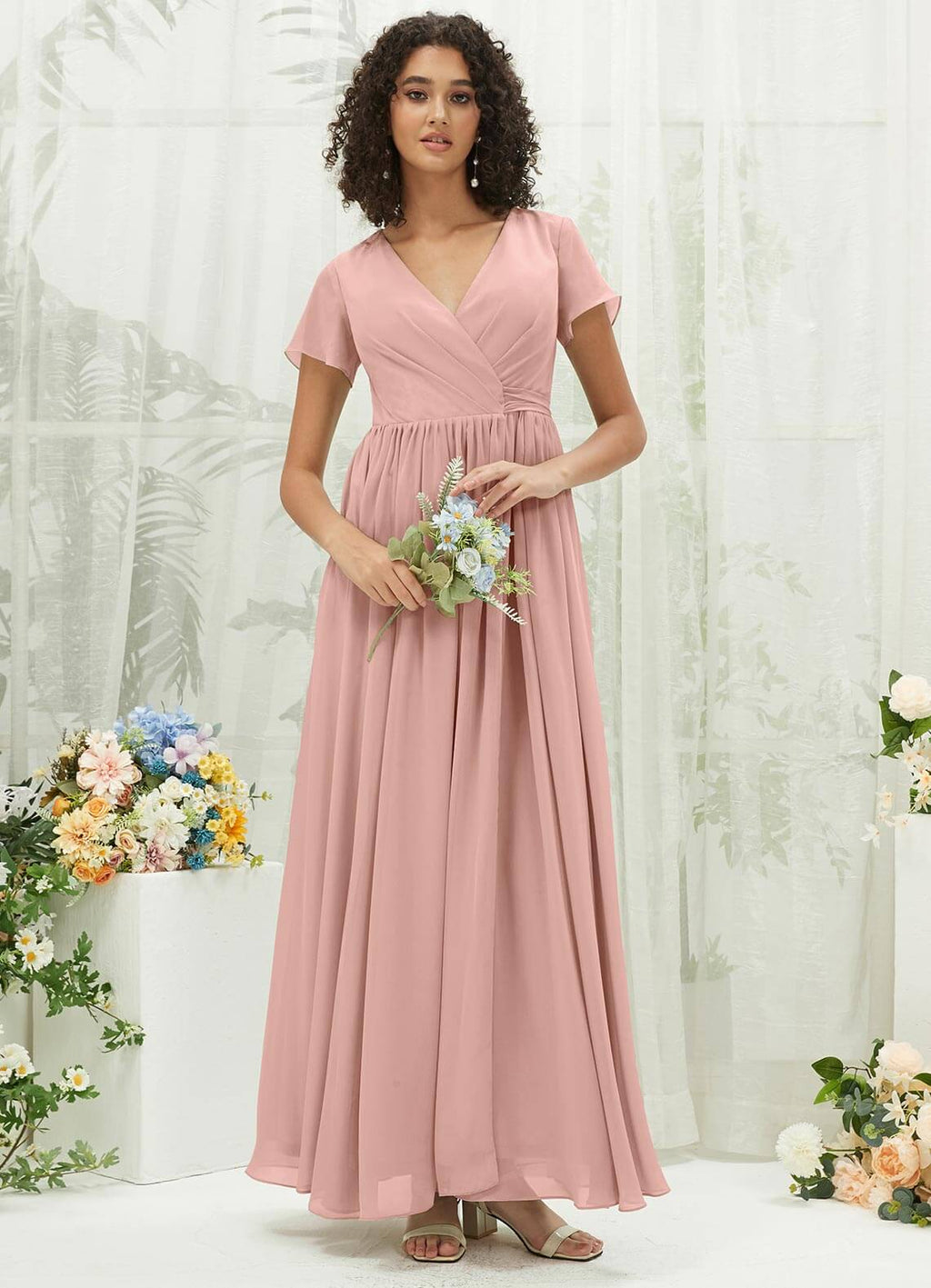 NZ Bridal Dusty Pink Chiffon V Neck bridesmaid dresses R0107 Harow a