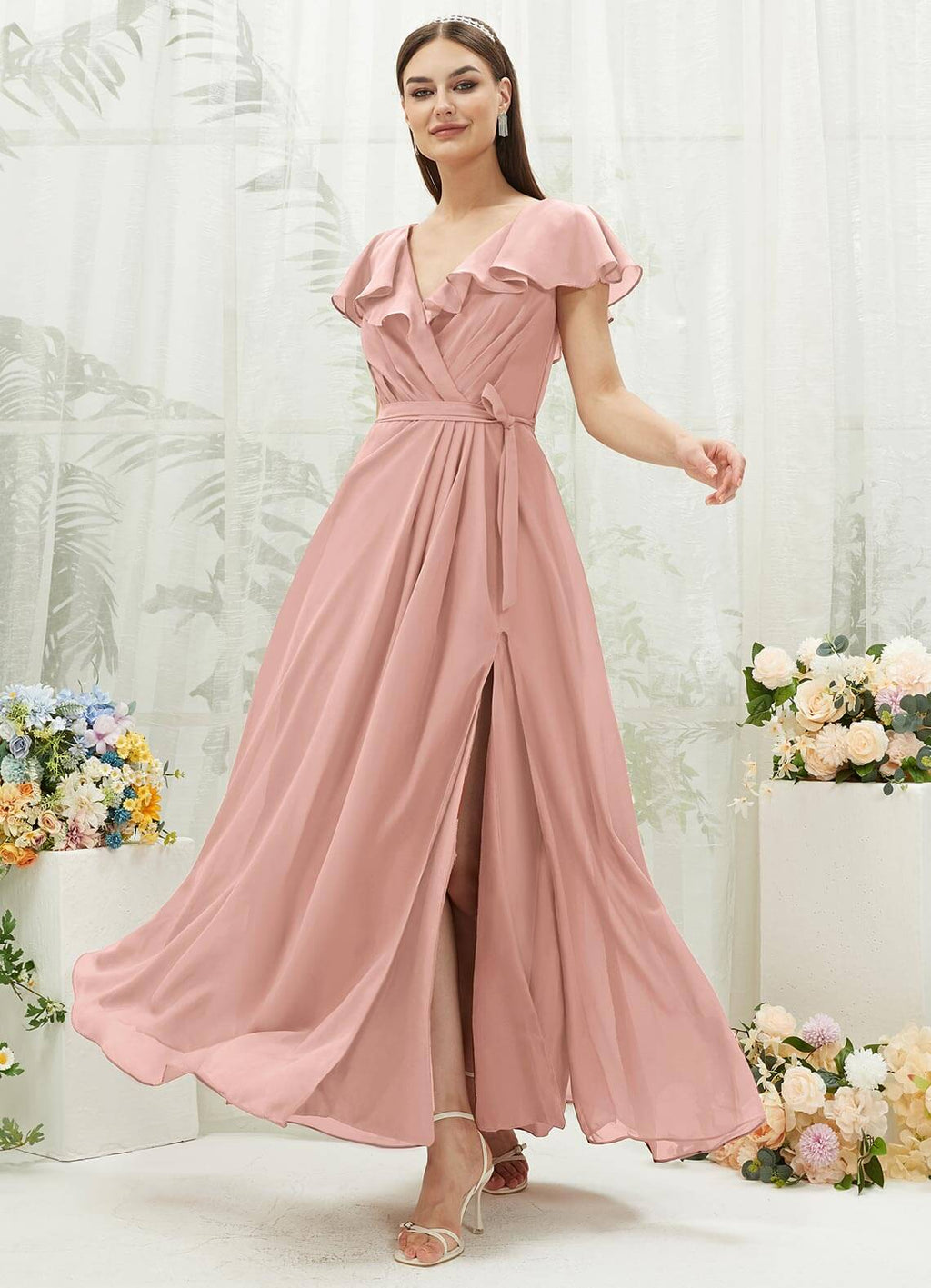 Dusty Pink Chiffon Ruffle Sleeve V Neck Slit Maxi Bridesmaid Dress NZ Bridal